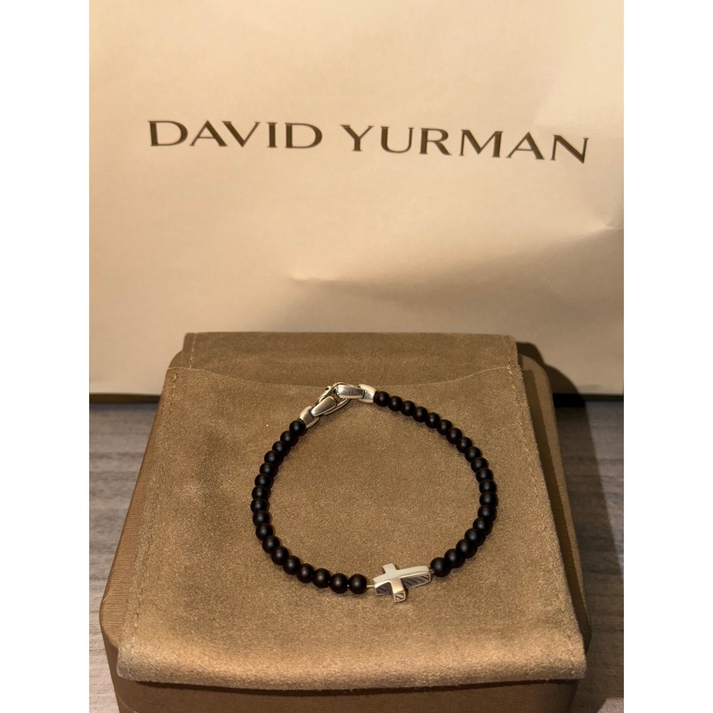 David Yurman Mens 4mm Black Onyx Spiritual Beads Cross Bracelet Sterling Silver